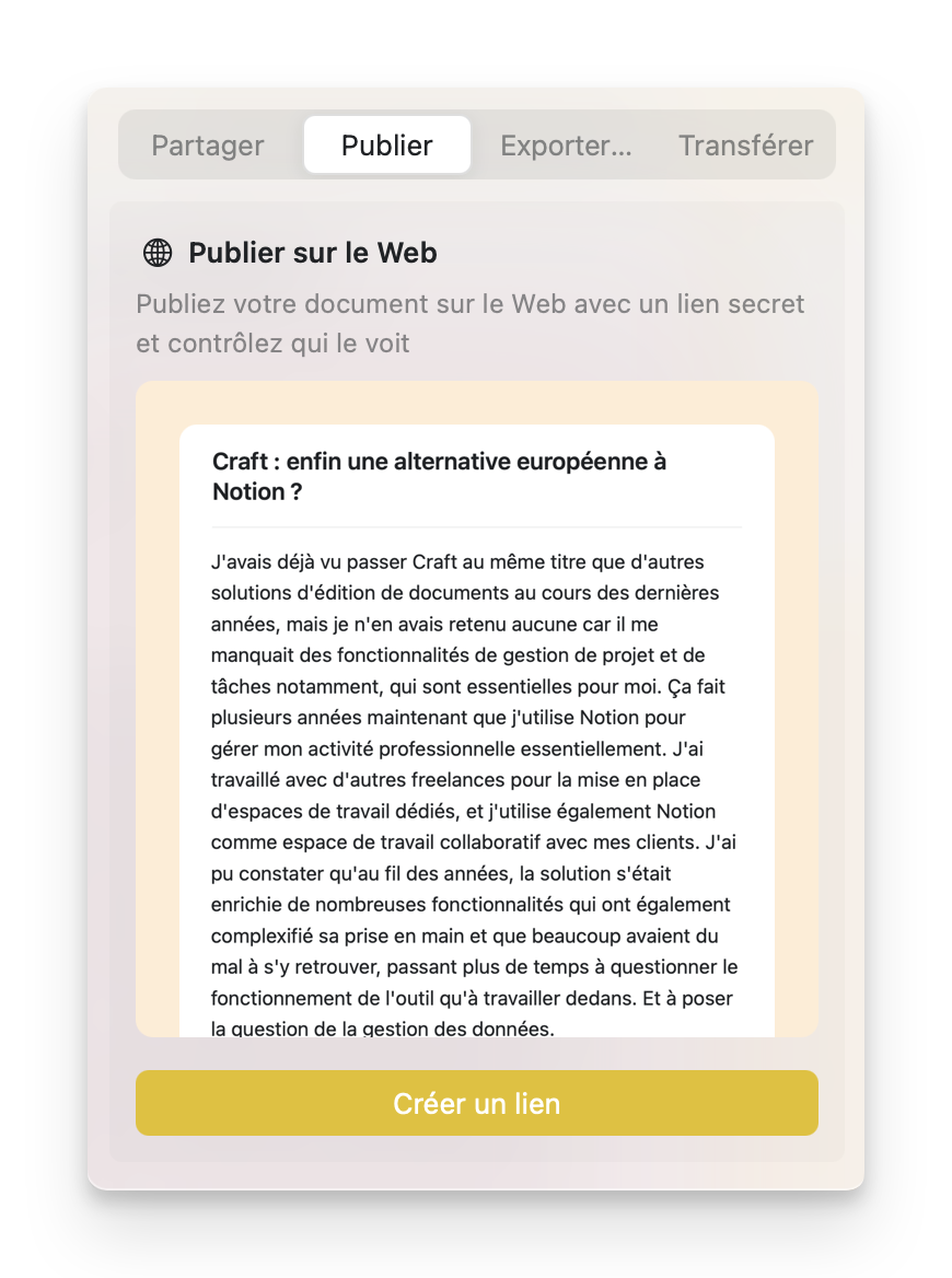 aperçu de la publication via Craft