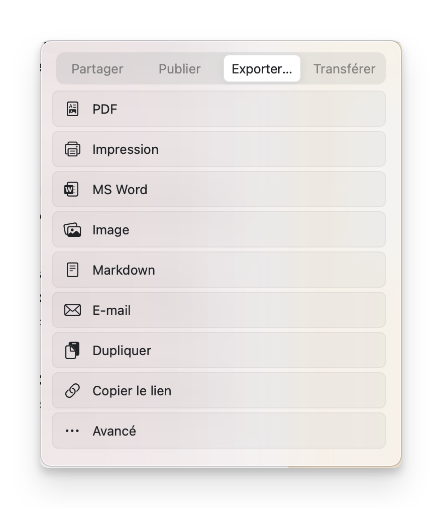 menu Exporter dans Craft Docs